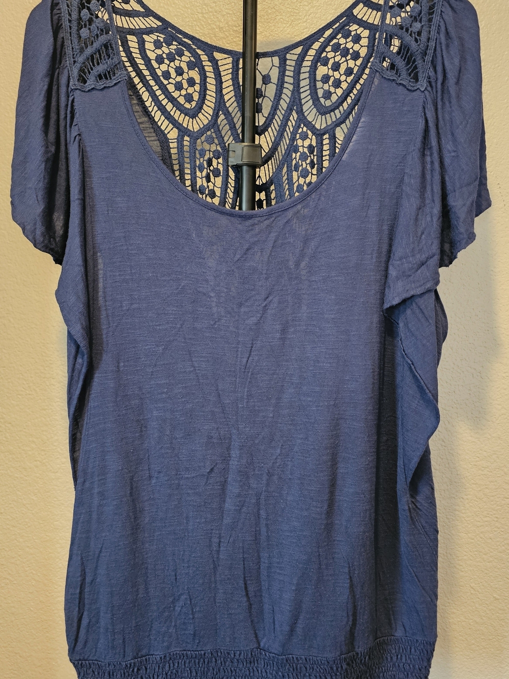 Women’s Navy Blue Short Sleeve Top with Crochet Back